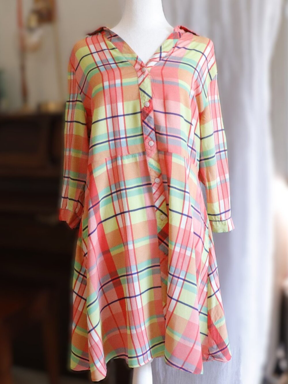 Colorful, lightweight plaid button-down shirt dress, NWOT, L